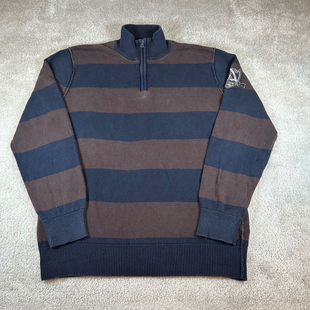 Nautica Jeans Company Quarter Zip Sweater Mens XL Brown Navy Blue Striped Cotton